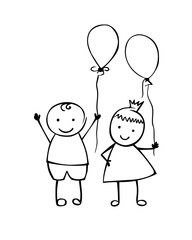 Linear boy and girl with balloons. Little people