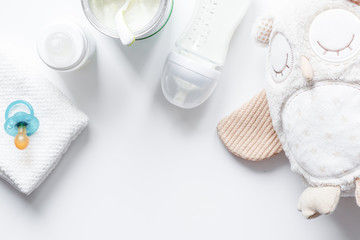 preparation of mixture baby feeding on white background top view