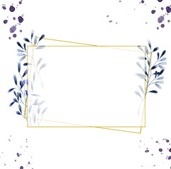 Wedding Invitation, floral invite card, olive floral and magnolia geometric golden frame print. Rhombus Rectangle frame. White background