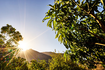 Wide angle shot of the hot sun rising over a mountain top