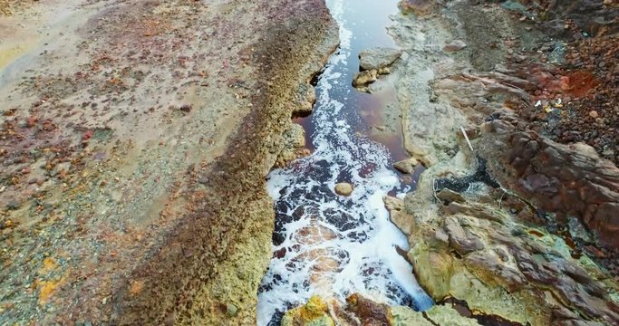 Rio Tinto river in Huelva Spain. This red colored river is highly acid and pollutes because of the open mining in the area.