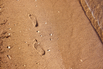 summer sea holidays concept of human foot prints on waterfront shore line sand background texture near waves with empty space for copy or text 