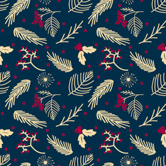  Seamless winter Christmas pattern with branches, berries and mistletoe ornament motif background.