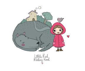 Cute cartoon little girl. Red Riding Hood fairy tale. Hand drawing isolated objects on white background.