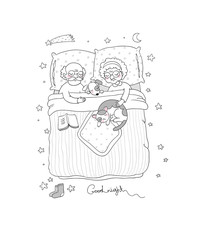 Grandfather and grandmother sleep in bed. Characters of the Old People. Lovely pensioners. Good night Sweet Dreams concept.