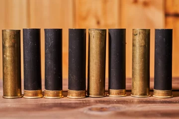 Plexiglas foto achterwand Hunting shells and 12 gauge cartridges on wooden background © Vitalii Makarov
