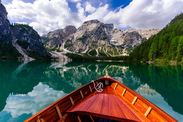 Lake Braies (also known as Pragser Wildsee or Lago di Braies) in Dolomites Mountains, Sudtirol,...