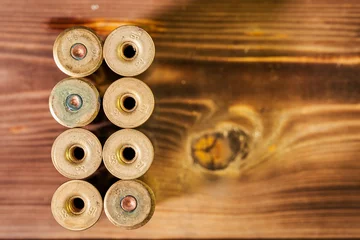 Schilderijen op glas Hunting shells and 12 gauge cartridges on wooden background © Vitalii Makarov