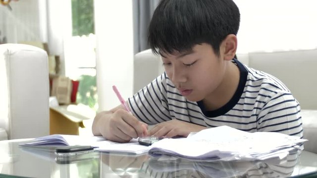 Cute asian teen boy doing your homework at home.