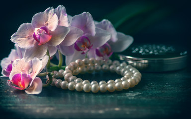Pink orchid with a pearl necklace. Photo toned, selective focus.