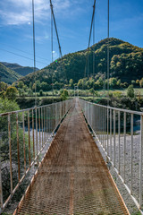 Cable-stayed old bridge over mountain river