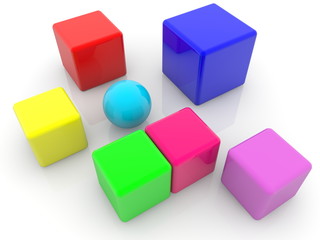 Colorful cubes of different size with a blue ball