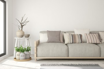 Obraz na płótnie Canvas Idea of white minimalist room with sofa. Scandinavian interior design. 3D illustration