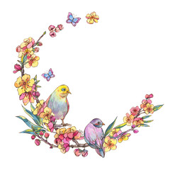 Watercolor spring round frame, vintage floral wreath with birds, blooming branches of cherry, sakura