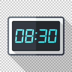 Digital clock icon in flat style with long shadow on transparent background