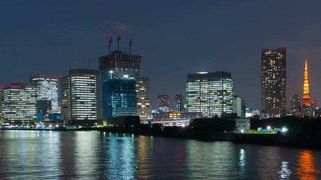 東京夜景・タイムラプス・東京港と街並み　4k