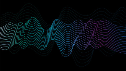 Abstract vector wave lines green, blue and purple colors isolated on black background for design elements in technology, computer science and other spheres.