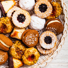 Homemade European Bakery Style Assorted Mixed Cookies Background Dessert. Selective focus.