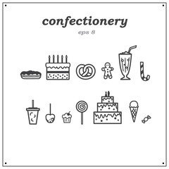 Collection of pictures depicting various confectionery products. Sweets in a linear style.