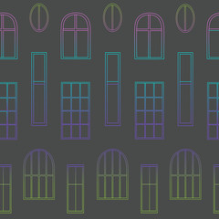 Seamless pattern with different types of windows created in linear style.