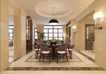 3d rendering modern dining room and living room with luxury decor