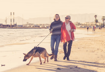 Beautiful older mom and mature daughter walking their german shepard dog on beach at autumn sunset
