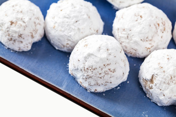 Fototapeta na wymiar Christmas Pecan Snowballs Cookie Balls Isolated on White Background. Selective focus.