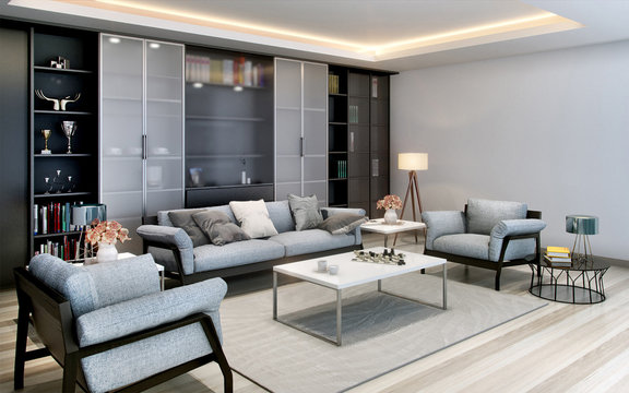 3d rendering loft luxury living room with bookshelf 