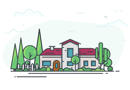 Big classic house surrounded with trees. Green park or garden. Real estate cottage background for banner. Modern line vector illustration. White fence and a lot of trees on background.