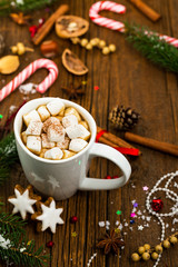 Christmas and New Year Card Background with Hot Cocoa with Marshmallows. Selective focus.