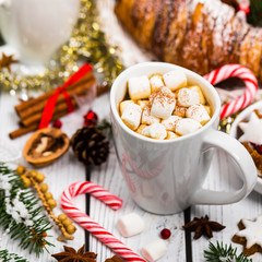 Christmas and New Year Card Background with Hot Cocoa with Marshmallows. Selective focus.