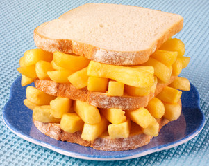 CHIP BUTTY SANDWICH ON BLUE PLATE