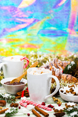 Christmas and New Year Card Background with Hot Cocoa with Marshmallows. Selective focus.
