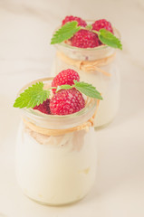 fresh homemade yogurt decorated with fresh raspberry and mint/Two glass jars with fresh homemade yogurt decorated with fresh raspberry and mint, selective focus