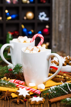 Christmas and New Year Card Background with Hot Cocoa with Marshmallows. Selective focus.