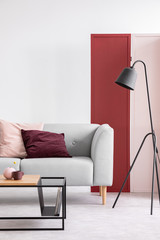 Vertical view of pastel pink and burgundy pillows on grey sofa in elegant scandinavian living room with red, pink and white wall with copy space and modern black lamp