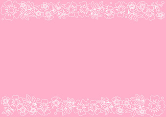 Pink background with decorative stripes align top and below with white outline flowers and leaves for decoration, scrapbooking paper, wedding, invitation, greeting card, text, certificate
