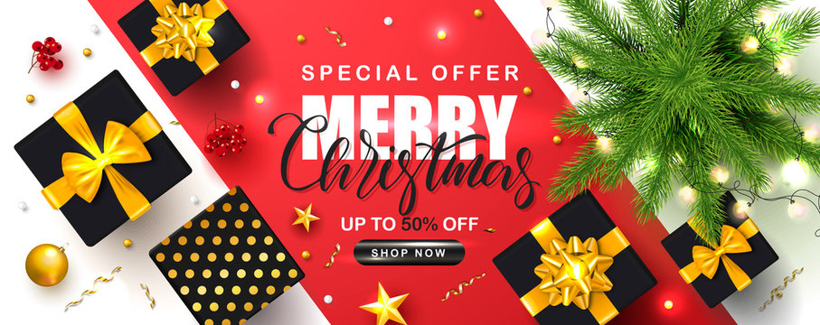 Merry Christmas Sale poster with Christmas tree, garland, gift boxes, serpentine, Rowan and gold stars. Vector illustration. Design for invitation, banners, ads, coupons, promotional material.