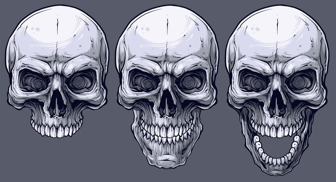 Detailed graphic realistic cool black and white human skulls. On gray background. Vector icon set.