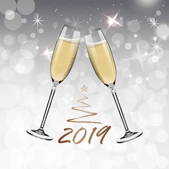 Vector Happy New Year with toasting glasses of champagne on white snow background in realistic style. Greeting card or party invitation with golden Christmas tree illustration.