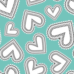 Quirky white and black line art doodle hearts as seamless vector pattern on bright blue background.