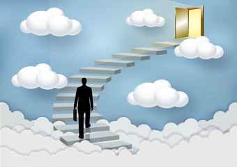 Businessmen walk up the stairs to the door in the sky above the clouds. Step up the ladder to success and progress in the highest organizational tasks. Business Finance Concepts. vector illustrations © Ton Forio