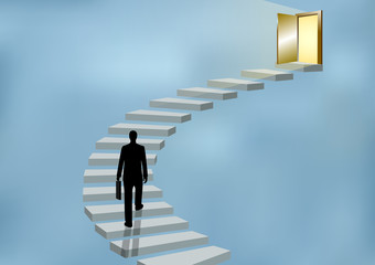 Businessmen walk up the stairs to the door. Step up the ladder to success, goal in life, and progress in the job. Of the highest organization. Business Finance Concepts. cartoon vector illustrations