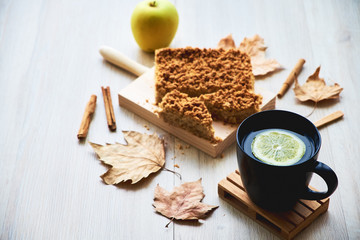 Autumn composition with homemade cake