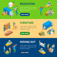 Relocation Service 3d Banner Horizontal Set Isometric View. Vector
