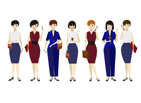 Cartoon Business Woman Character Different Pose Set. Vector