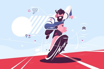 Bearded dude running fast on stadium