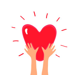 Heart in arms. Red shiny heart and hands