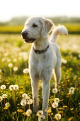 Dog looking around in a open field with scattered dandelions,