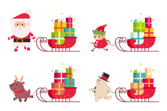 Christmas delivery with Santa Claus, reindeer, snowman, elf and sleigh with gift. Vector cartoon illustration set isolated on a white background.